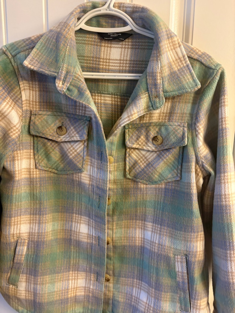 Girl’s Plaid Button-Up Shacket in Pastel Green, Blue & Cream